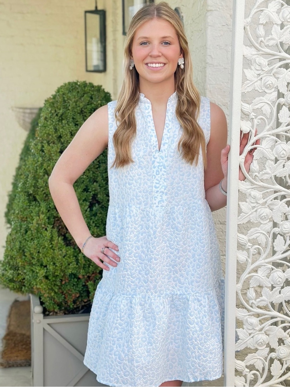 THML Pale Blue and White Textured Midi Dress